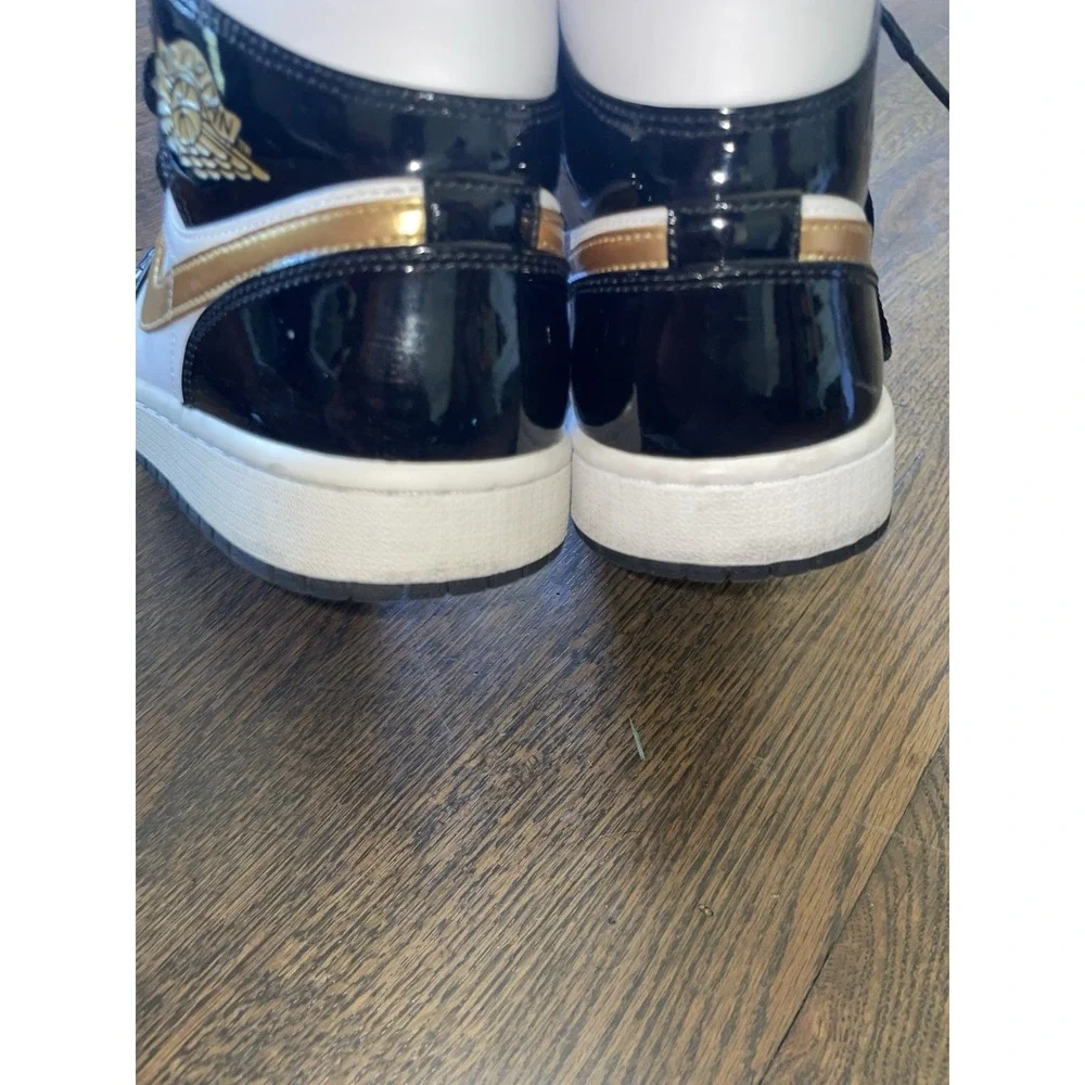 Nike Air Jordan 1 Sneakers Shoes Mid Patent Black White Gold 852542-007